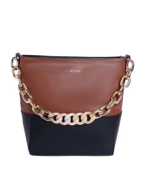 

United Colors of Benetton Brown & Black Colourblocked Hobo Bag