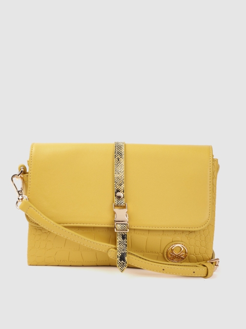 

United Colors of Benetton Mustard Yellow Croc Textured Structured Sling Bag