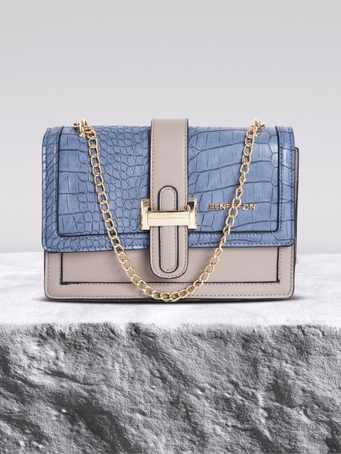 

United Colors of Benetton Blue & Taupe Colourblocked Animal Printed Structured Sling Bag