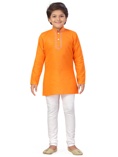 

Aj DEZInES Boys Orange Embroidered Pure Cotton Kurta with Pyjamas