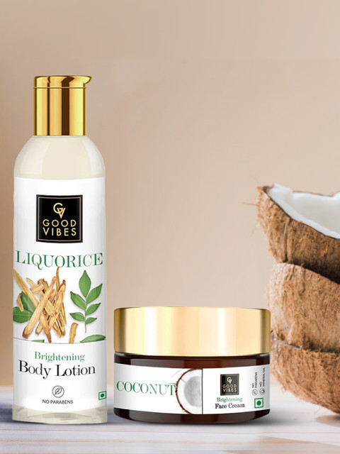 

Good Vibes Set Of 2 Liquorice Body Lotion & Coconut Brightening Face Cream 300ml, Transparent