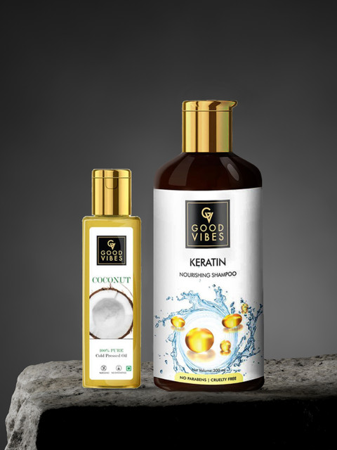 

Good Vibes Set of 2 Keratin Shampoo & 100% Pure Coconut Carrier Oil Cold Pressed, Transparent