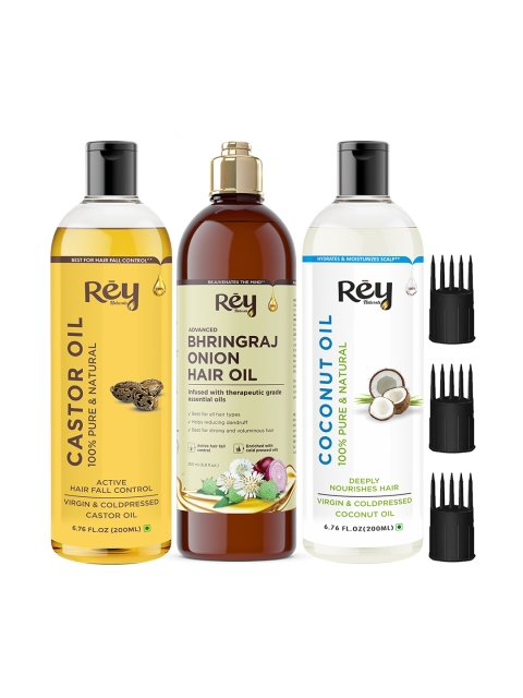 

Rey Naturals Set Of 3 Castor & Coconut With Bhringraj Hair Oils 600 ml, Transparent