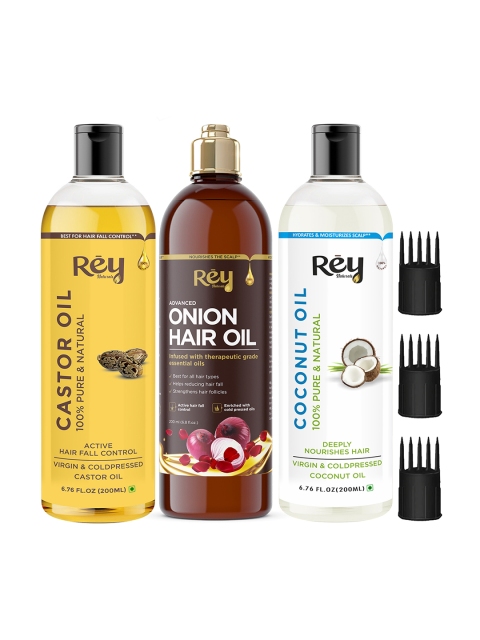 

Rey Naturals Set of 3 Hair Oil - Castor Oil & Coconut Oil & Onion Oil For Hairfall Control, Transparent