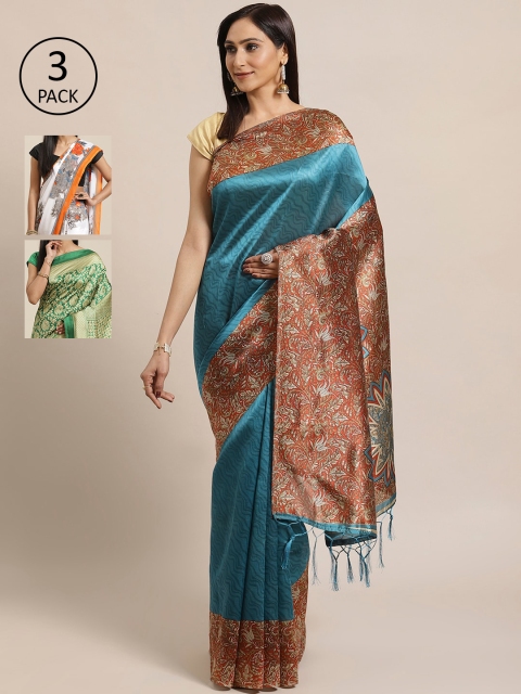 

KALINI Pack Of 3 Art Silk Sarees, Teal