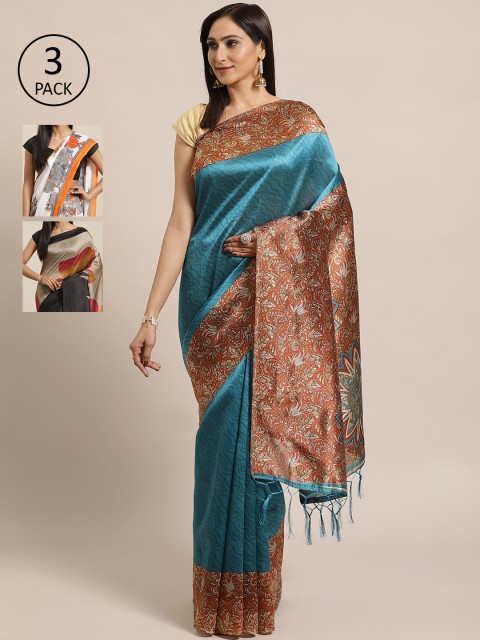 

KALINI Pack Of 3 Art Silk Sarees, Teal
