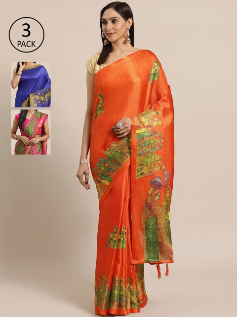 

KALINI Pack Of 3 Art Silk Sarees, Orange