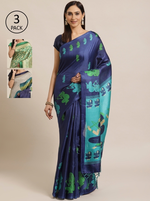 

KALINI Pack Of 3 Art Silk Sarees, Navy blue