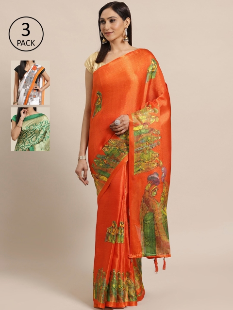 

KALINI Pack Of 3 Art Silk Sarees, Orange