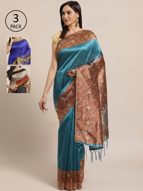 

KALINI Pack Of 3 Art Silk Sarees, Teal