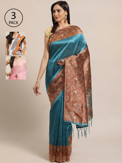 

KALINI Pack Of 3 Art Silk Sarees, Teal