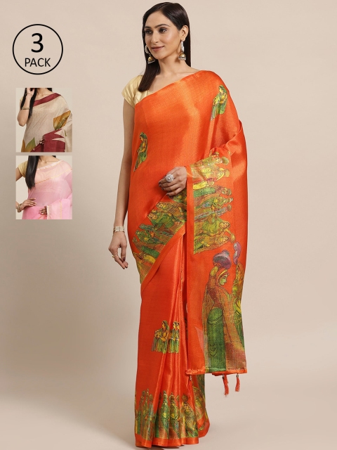 

KALINI Pack Of 3 Art Silk Sarees, Orange