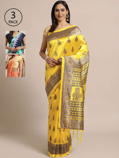 

KALINI Pack Of 3 Art Silk Sarees, Yellow