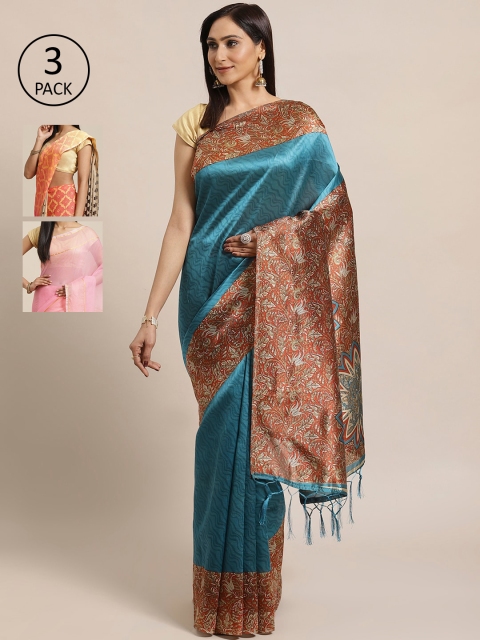 

KALINI Pack Of 3 Art Silk Sarees, Teal