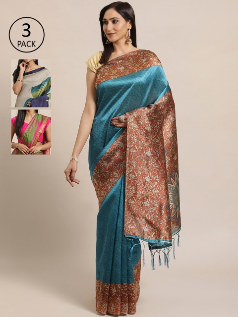 

KALINI Pack Of 3 Art Silk Sarees, Teal