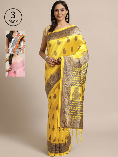 

KALINI Pack Of 3 Art Silk Sarees, Yellow