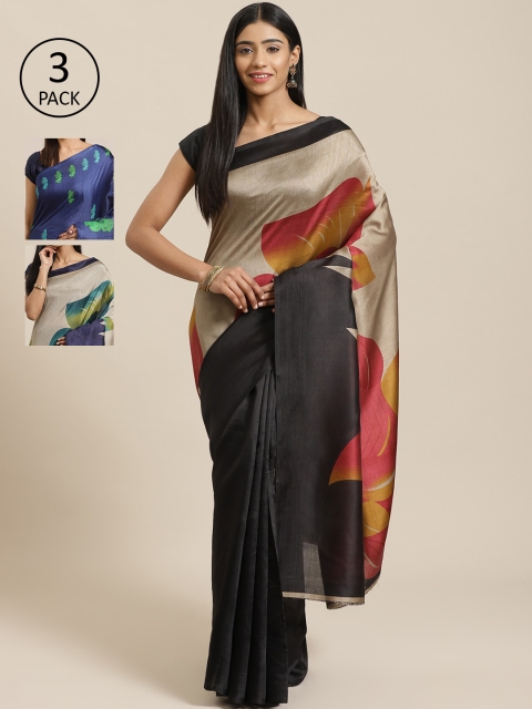 

KALINI Pack Of 3 Art Silk Sarees, Navy blue