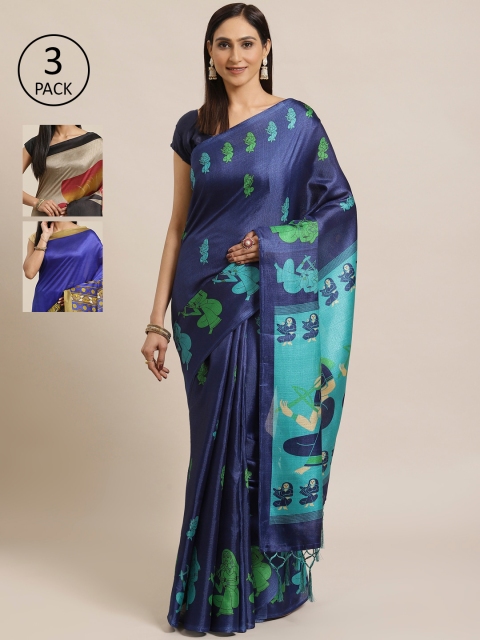 

KALINI Pack Of 3 Art Silk Sarees, Navy blue