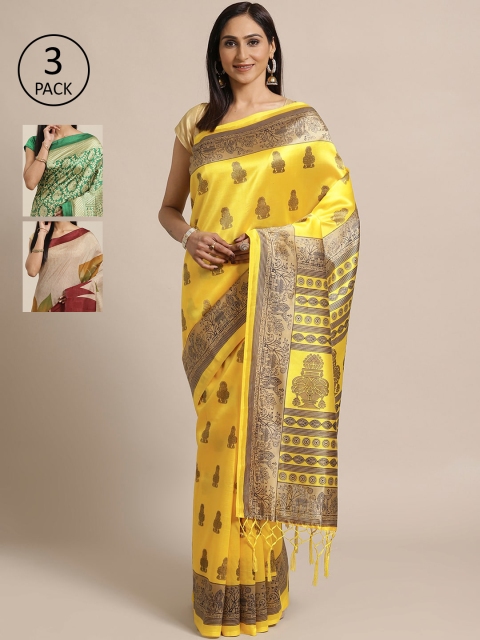 

KALINI Pack Of 3 Art Silk Sarees, Yellow