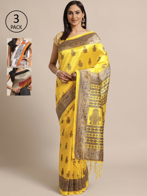

KALINI Pack Of 3 Art Silk Sarees, Yellow