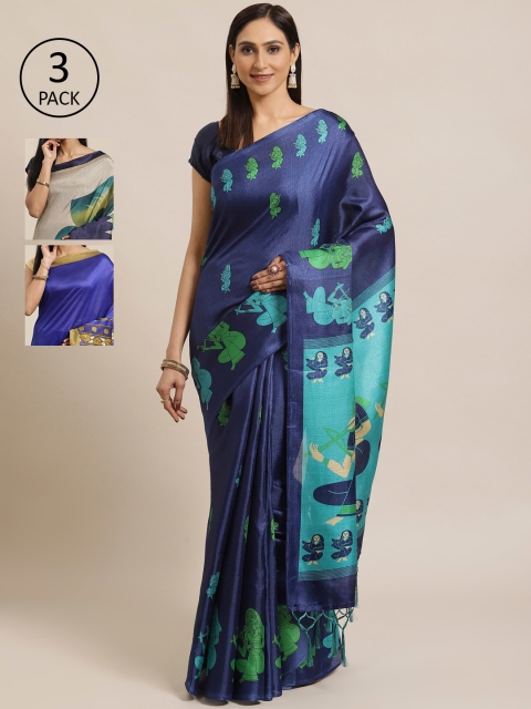 

KALINI Pack Of 3 Art Silk Sarees, Navy blue