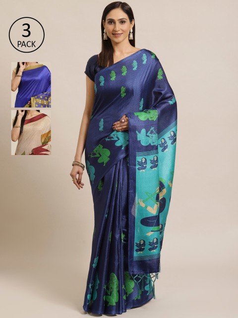 

KALINI Pack Of 3 Art Silk Sarees, Navy blue