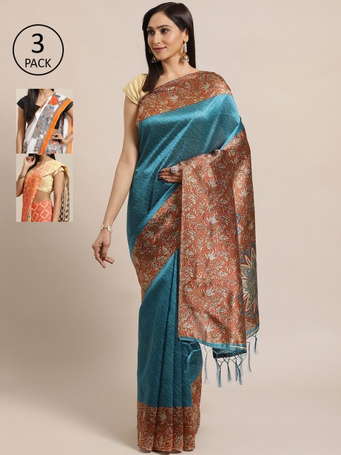 

KALINI Pack Of 3 Art Silk Sarees, Teal