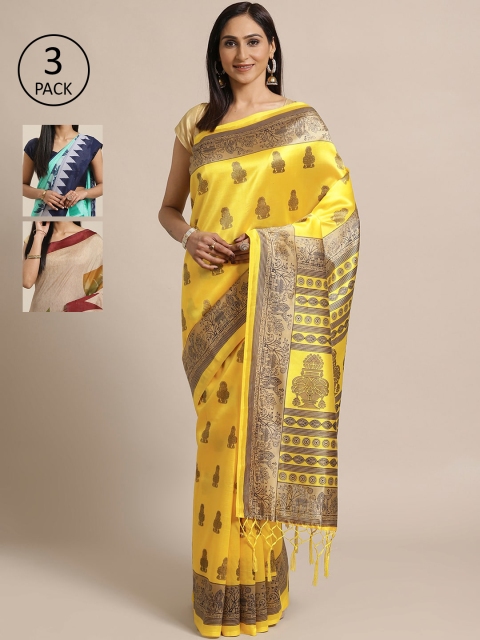 

KALINI Pack Of 3 Art Silk Sarees, Yellow
