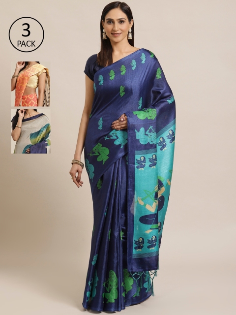 

KALINI Pack Of 3 Art Silk Sarees, Navy blue