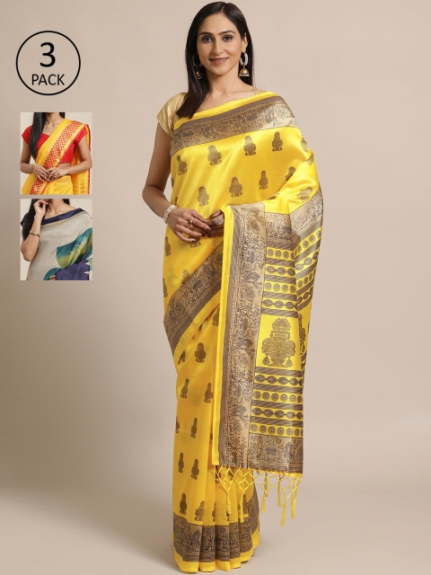 

KALINI Pack Of 3 Art Silk Sarees, Yellow