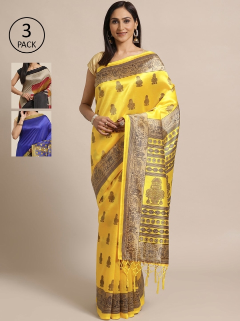 

KALINI Pack Of 3 Art Silk Sarees, Yellow