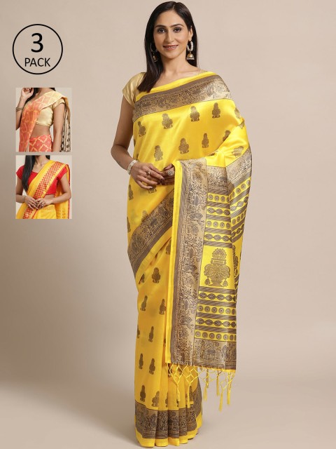 

KALINI Pack Of 3 Art Silk Sarees, Yellow