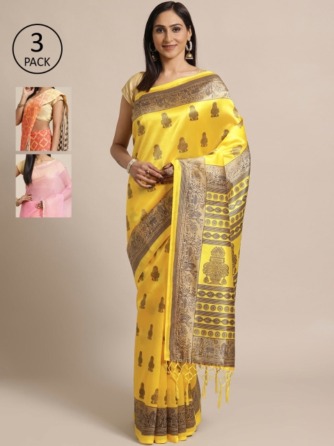 

KALINI Pack Of 3 Art Silk Sarees, Yellow