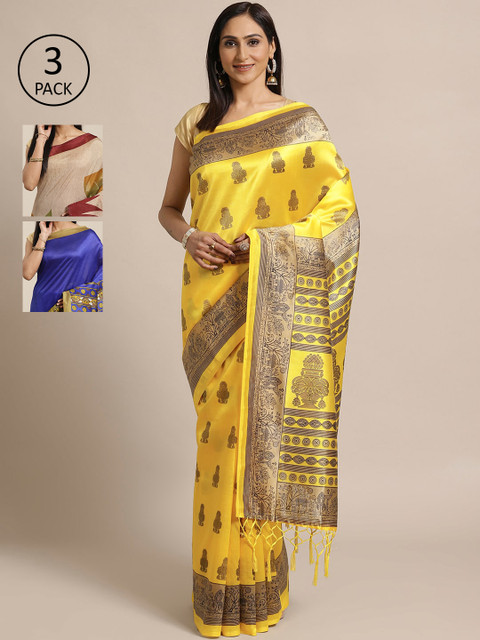 

KALINI Pack Of 3 Art Silk Sarees, Yellow