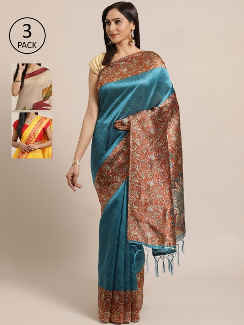 

KALINI Pack Of 3 Art Silk Sarees, Teal