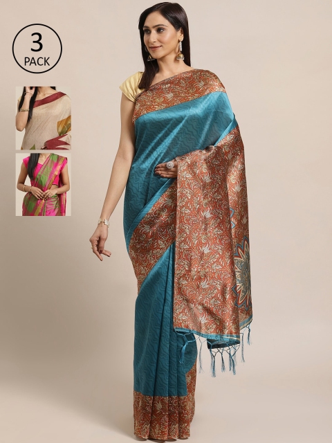 

KALINI Pack Of 3 Art Silk Sarees, Teal