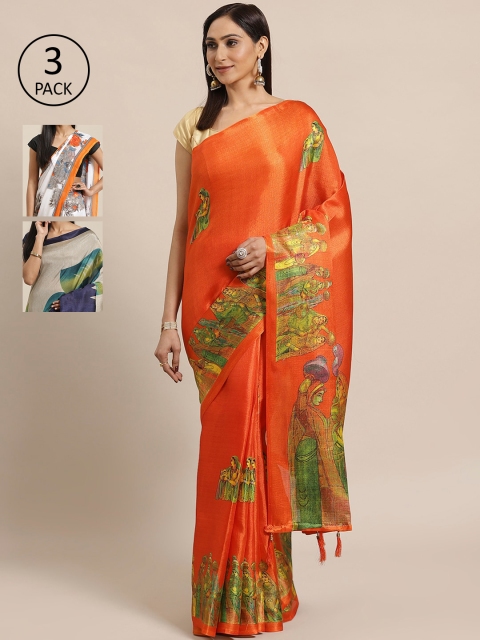 

KALINI Pack Of 3 Art Silk Sarees, Orange