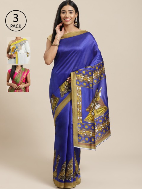 

KALINI Pack Of 3 Art Silk Sarees, Blue