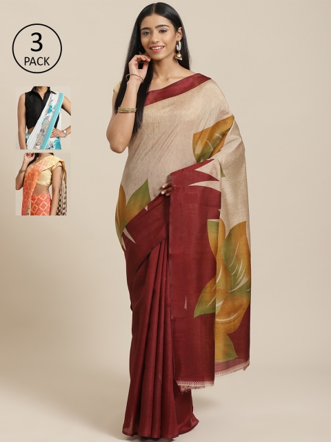 

KALINI Pack Of 3 Art Silk Sarees, Beige