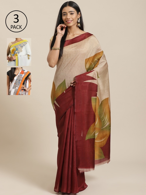 

KALINI Pack Of 3 Art Silk Sarees, Beige