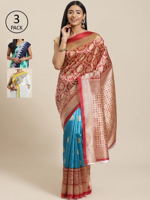 

KALINI Pack Of 3 Art Silk Sarees, Red