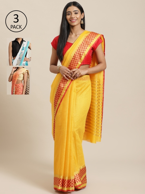 

KALINI Pack Of 3 Art Silk Sarees, Yellow