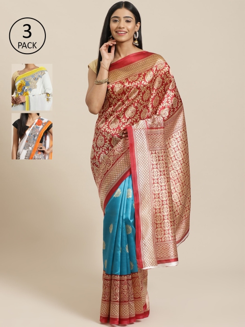 

KALINI Pack Of 3 Art Silk Sarees, Red