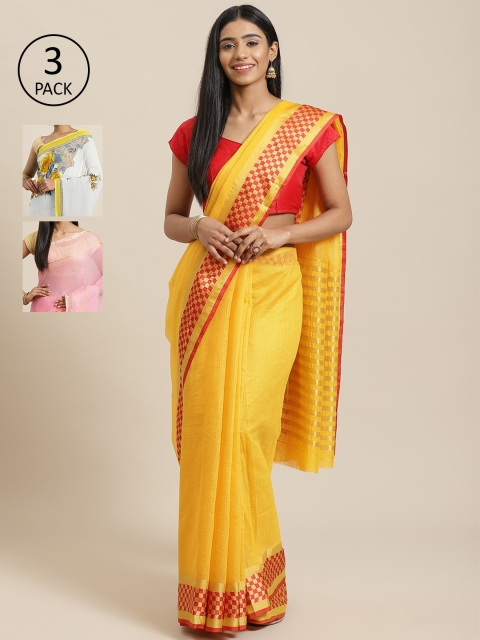 

KALINI Pack Of 3 Art Silk Sarees, Yellow