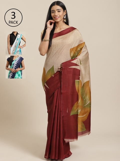 

KALINI Pack Of 3 Printed Sarees, Beige