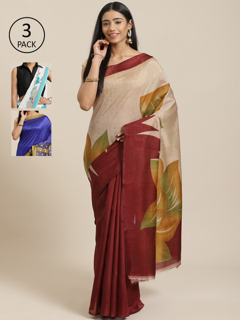 

KALINI Pack Of 3 Printed Sarees, Beige
