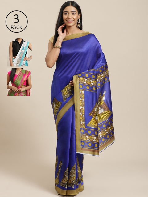 

KALINI Pack Of 3 Printed Sarees, Blue
