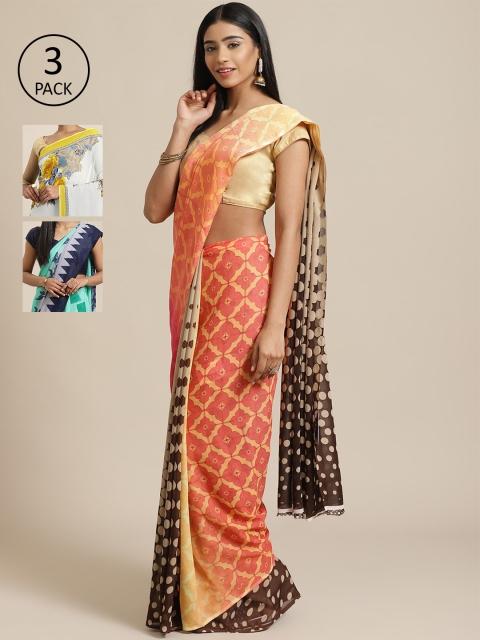 

KALINI Pack Of 3 Printed Sarees, Peach