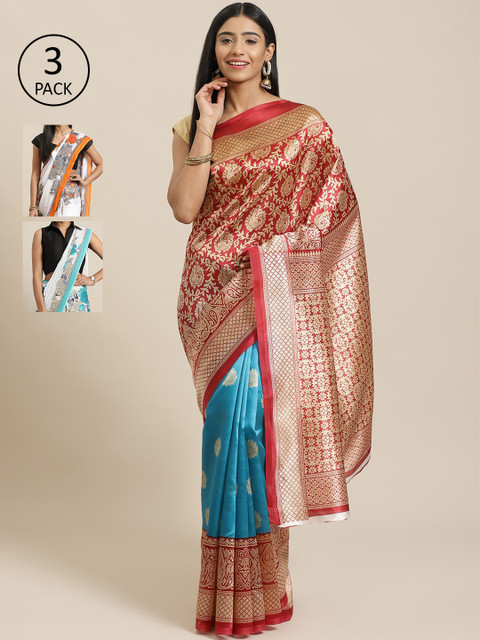 

KALINI Pack Of 3 Printed Sarees, Red