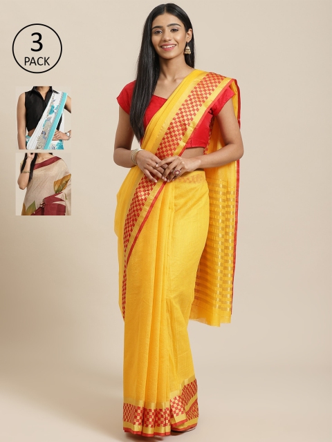 

KALINI Pack Of 3 Printed Sarees, Yellow